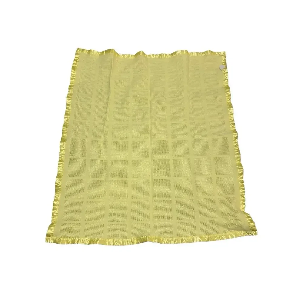 Vintage Yellow Thermal Waffle Weave‎ Satin Nylon Trim Baby Blanket 38x45